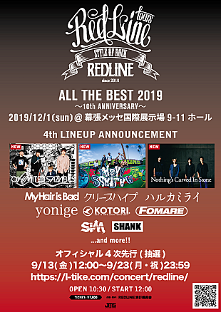 「ライブイベント【REDLINE】出演アーティスト第4弾発表　04 Limited Sazabys、HEY-SMITH、Nothing's Carved In Stoneが決定」