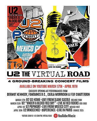 「U2、初デジタル配信作を含むライブ映像4本をYouTubeで48時間限定公開へ」