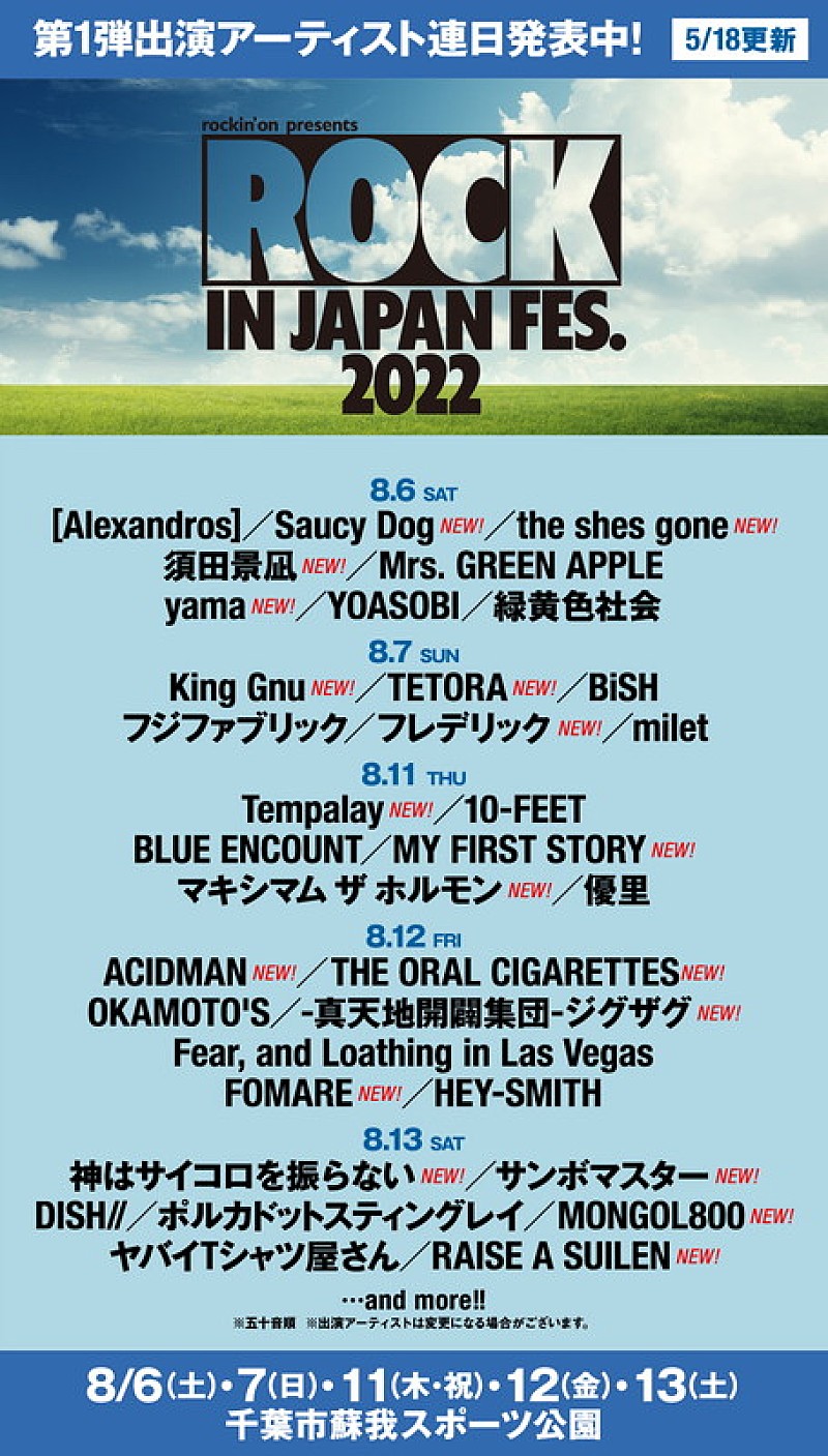 【ROCK IN JAPAN FESTIVAL 2022】第2弾にKing Gnu／Saucy Dog／須田景凪／yama／Tempalayら18組