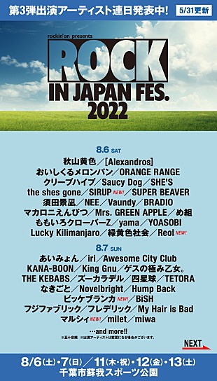 「【ROCK IN JAPAN FESTIVAL 2022】第3弾にBE:FIRST／WANIMA／きゃりー／ビッケ／SIRUPら11組」