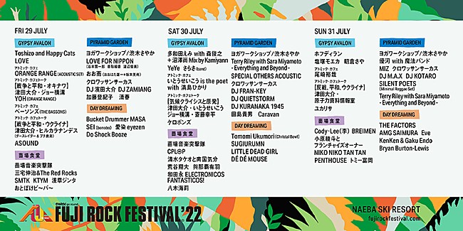 「【FUJI ROCK FESTIVAL &#039;22】Gypsy Avalon／PYRAMID GARDEN／DAY DREAMINGステージの出演者発表」1枚目/1