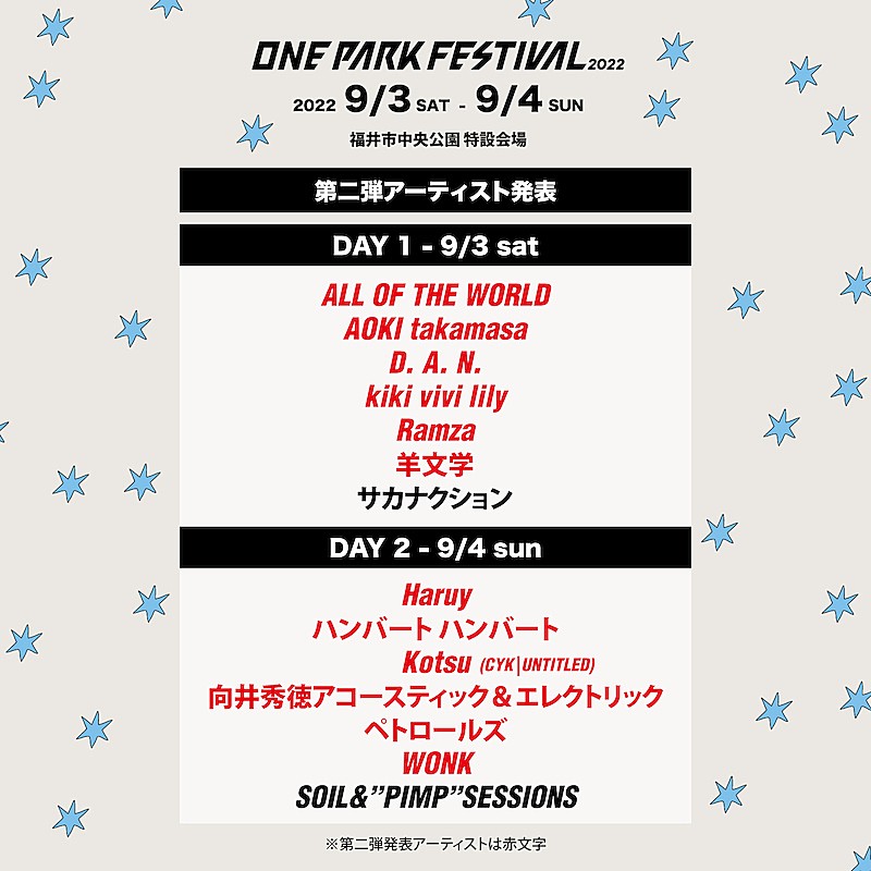 「福井の都市型フェス【ONE PARK FESTIVAL2022】第2弾出演アーティスト発表」1枚目/1