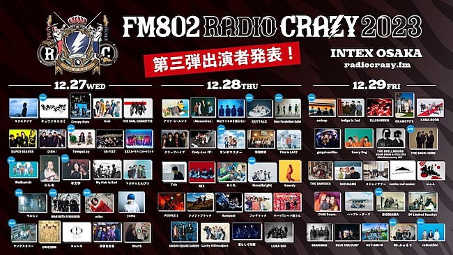 「ロック大忘年会【FM802 RADIO CRAZY】第3弾出演アーティスト発表」1枚目/1